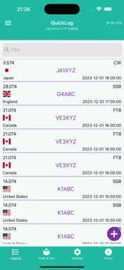 HAM QuickLog on iPhone: a log of QSOs with frequency, mode, callsign and country
